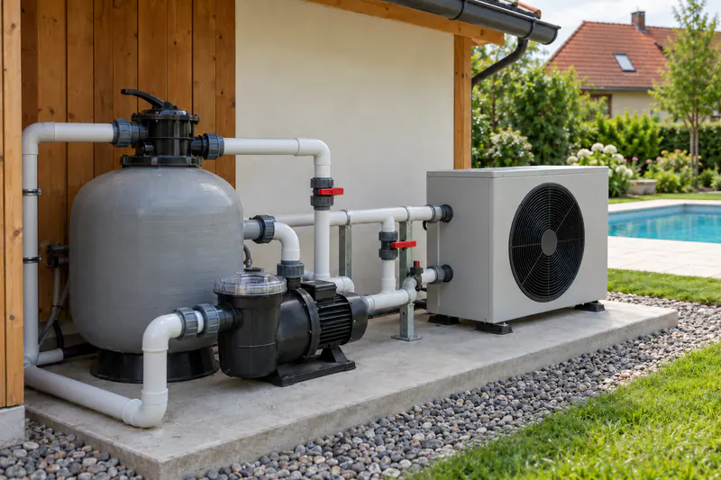 Pool-Wärmepumpe angeschlossen an die Filteranlage über einen Bypass mit Absperrventilen