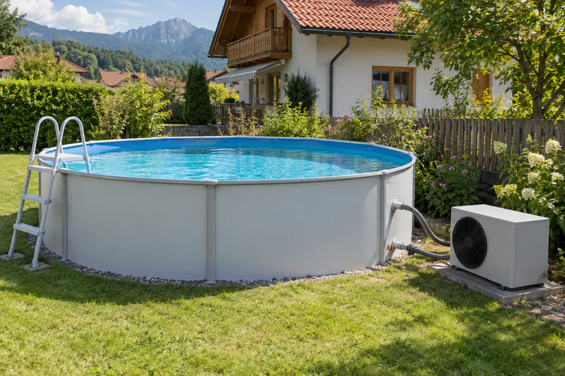 Aufstellpool mit kleiner Pool-Wärmepumpe, passend dimensioniert für rund 20 m³