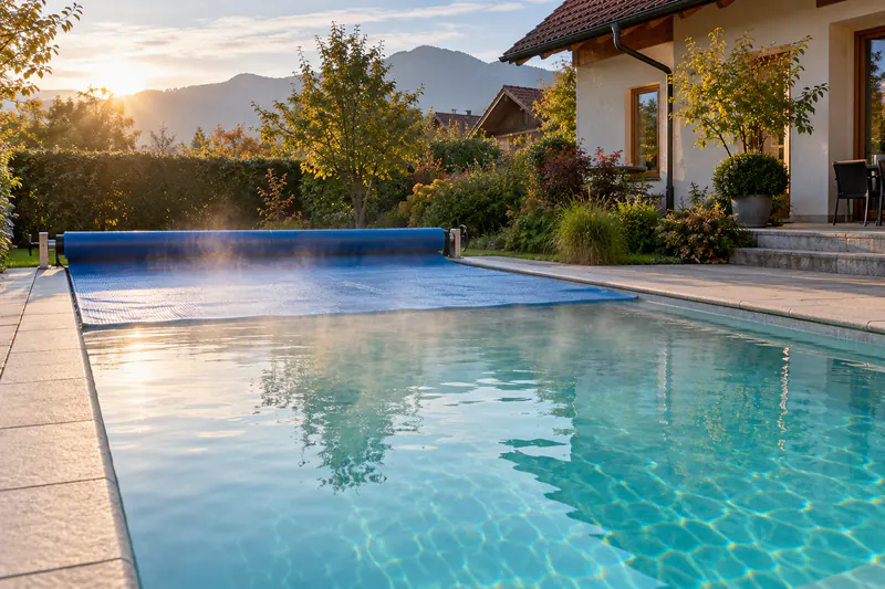 Beheizter Pool am Morgen mit aufgerollter Abdeckung, die die Wärme über Nacht hält