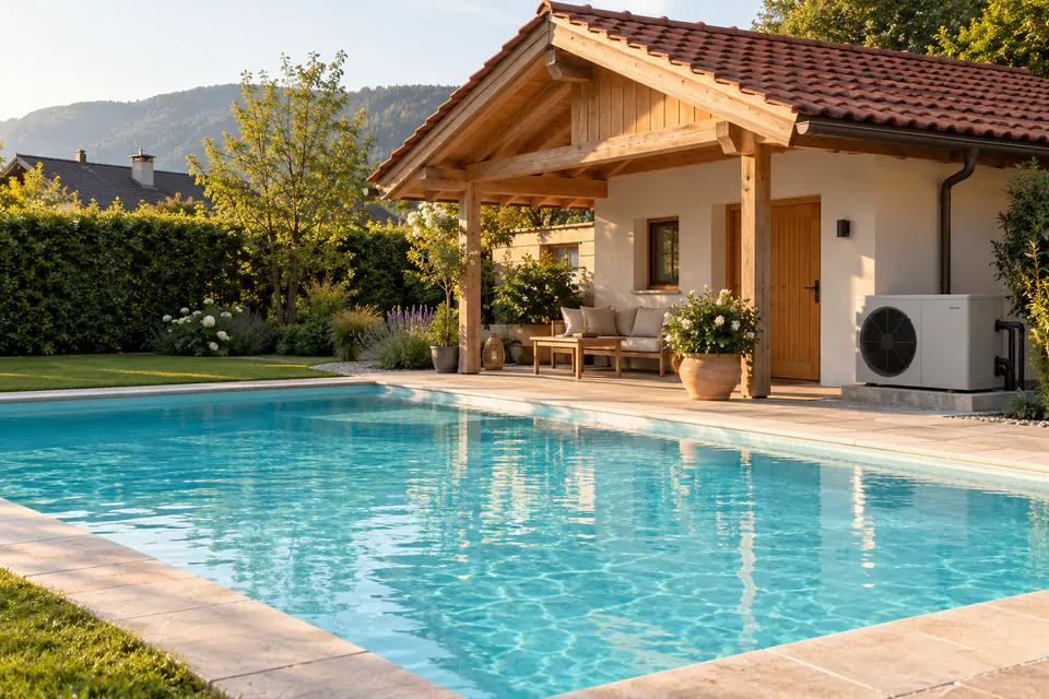 Pool-Wärmepumpe neben einem Einbaupool im Garten eines Einfamilienhauses